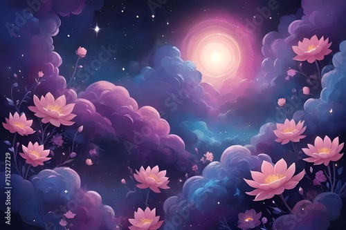Celestial Petal Symphony. Flowers and clouds illuminated by moonlight.