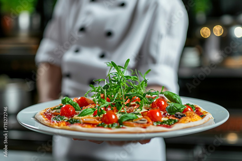 Gourmet Culinary Creation: Skilled Chef Presents a White Plate Adorned with Delectable Pizza, Featuring Fresh Cherry Tomatoes and a Scattering of Flavorful Arugula Leaves