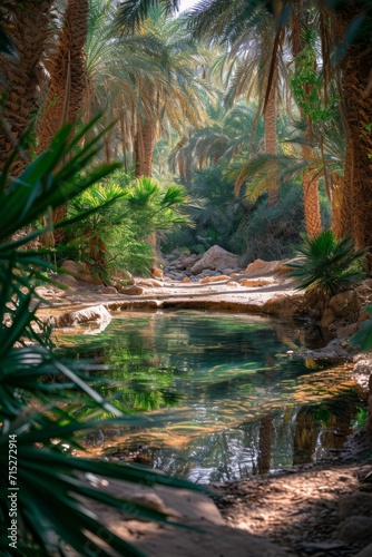 Oasis in the heart of the desert, lush greenery around a small water body