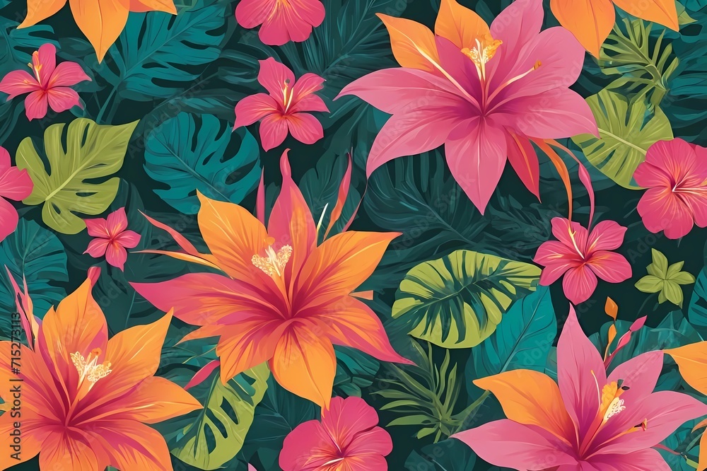 Tropical Fiesta Bloom. A tropical-themed floral illustration with a large, exotic fantasy flower as the focal point.