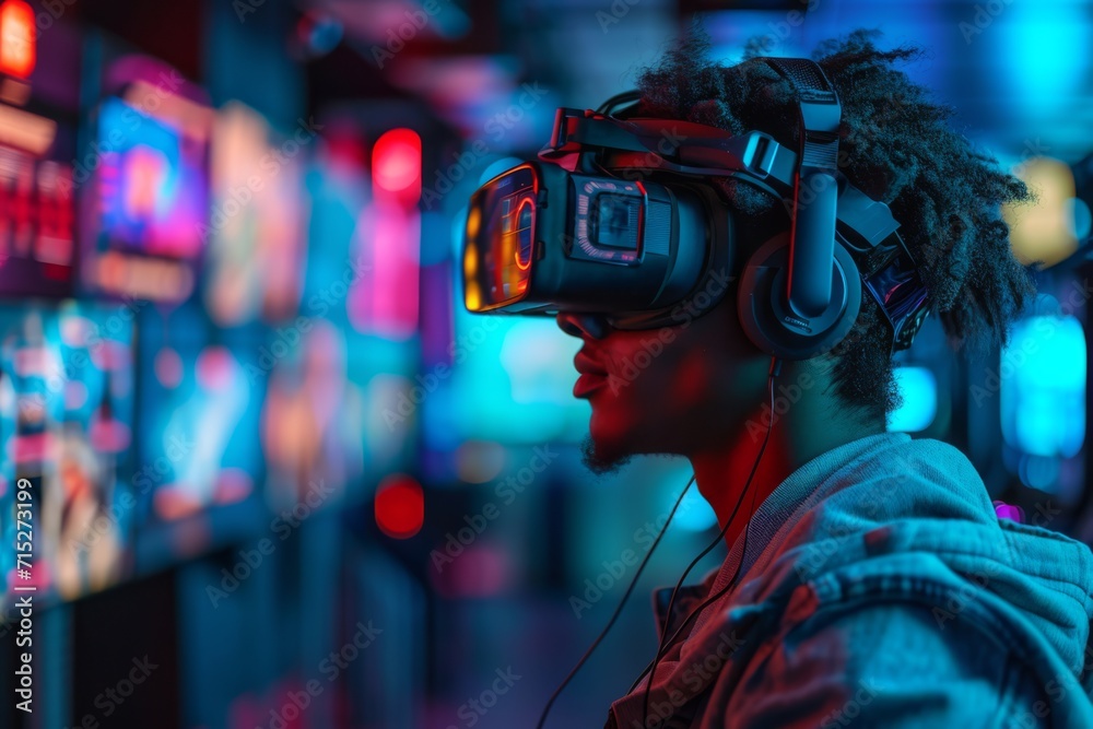 Virtual reality gaming setup, player immersed in a vivid and colorful VR world Virtual reality gaming setup, player immersed in a vivid and colorful VR world