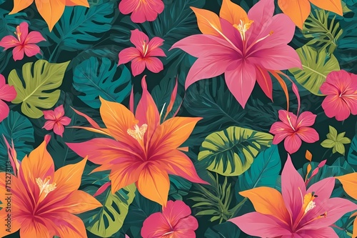 Tropical Fiesta Bloom. A tropical-themed floral illustration with a large  exotic fantasy flower as the focal point.