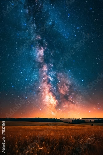 Vast open field under a starry night sky, Milky Way visible