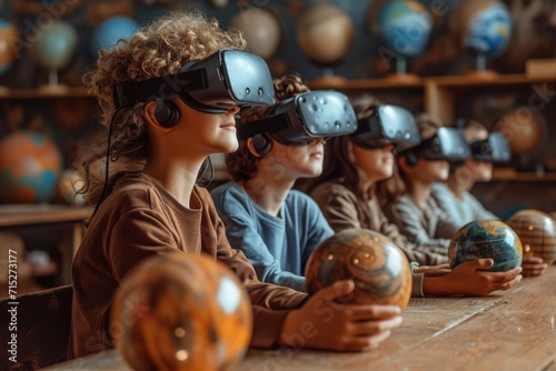 Virtual reality education classroom, students with VR headsets exploring a 3D solar system