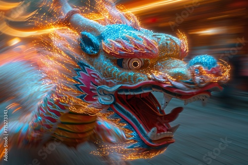 electric tesla coil chaos effect on a chinese cute dragon swirling colors, motion effects, speed action panning photography effects, lunar new year