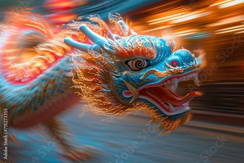 electric tesla coil chaos effect on a chinese cute dragon swirling colors, motion effects, speed action panning photography effects, lunar new year