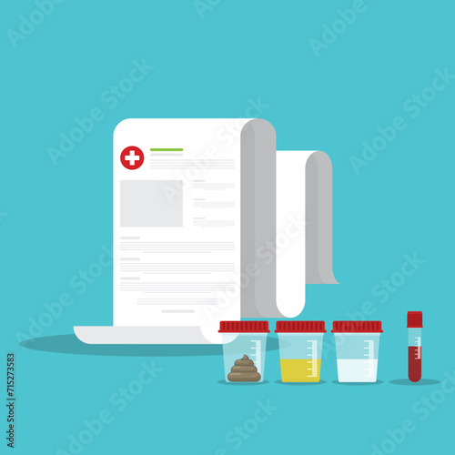 Urine, stool, sperm and blood analysis. Urine, stool, sperm and blood test icon. Medical analysis laboratory test. Medical samples in a plastic box and medical clipboard. 