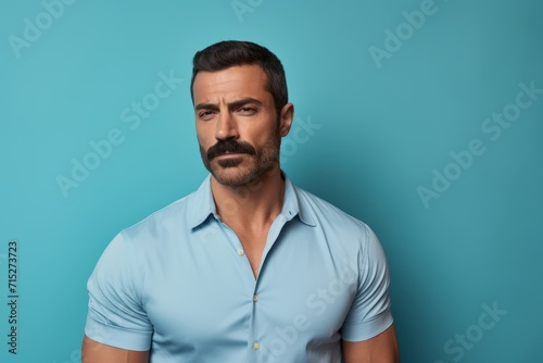 Serious mature man in blue shirt looking at camera and standing against blue background © Inigo