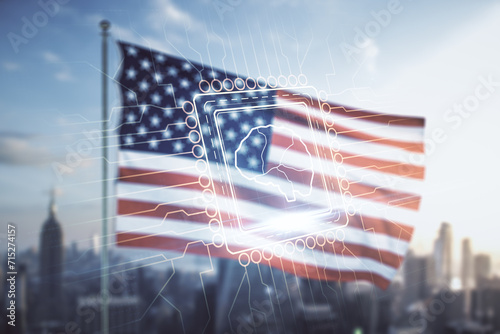 Double exposure of creative human brain microcircuit hologram on US flag and city background. Future technology and AI concept