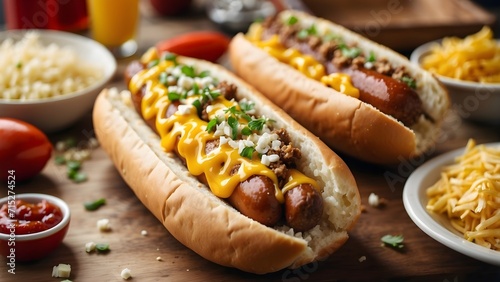 Barbecue Grilled Hot Dogs with yellow American mustard, On wooden background, AI generated 