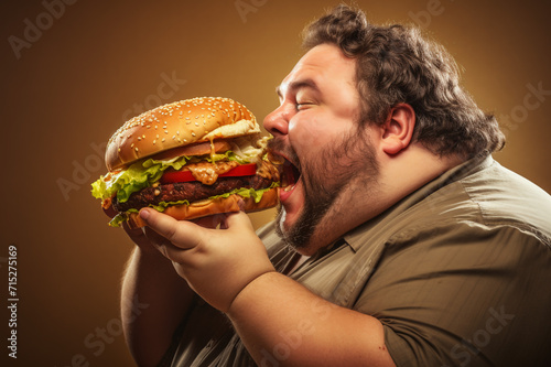 Full-Figured Young Man Delighting in a Massive Hamburger, Embracing the Irresistible Pleasure of Every Bite, Set Against a Vibrant Orange Background
