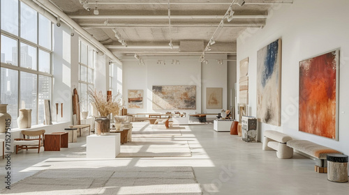 A contemporary art studio flooded with natural light, featuring expansive white walls, high ceilings, and a mix of abstract paintings and sculptures