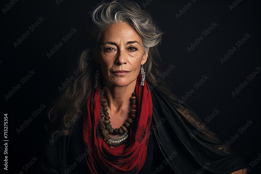 Portrait of a beautiful senior woman in a red scarf on a black background