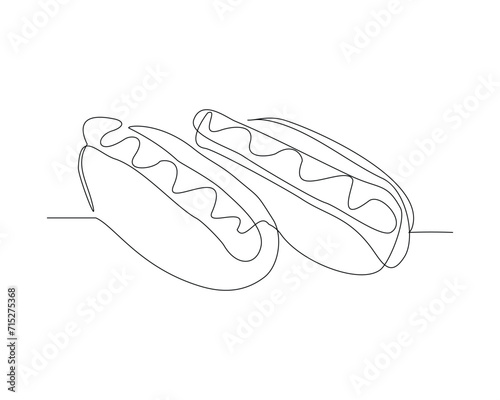 Continuous single line sketch drawing of hot dog sausage mustard bread meat. One line art of delicious meal fast food restaurant serving vector illustration