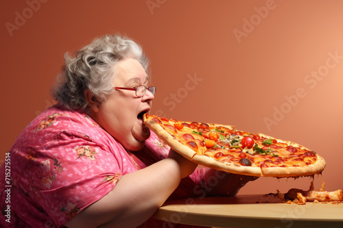 Elderly Woman  Radiating Joy  Delighting in a Sumptuous Slice of Pizza  Celebrating the Pleasures of Good Food  Against a Unified Orange Background
