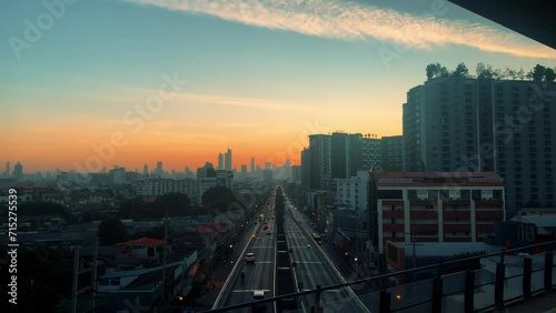 Street View Of Sunrise Over Bangkok In 4K. photo