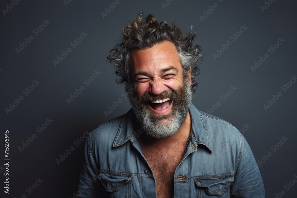 Portrait of a handsome middle-aged man laughing against a dark background Portrait of a handsome middle-aged man laughing against a dark background