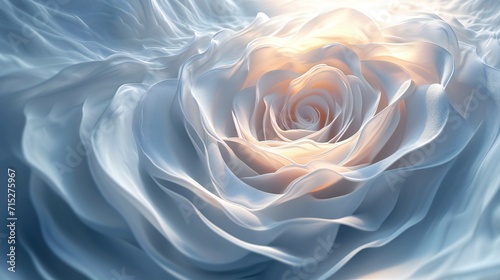 Spiraling beauty: 3D winding rose, misty blend, embraced by snow and frost.