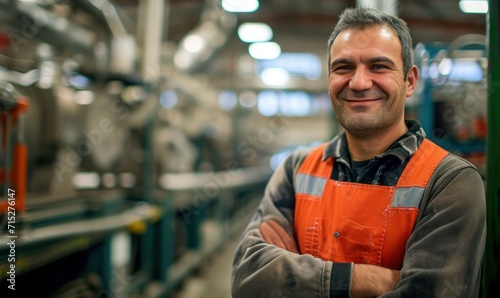 Friendly Machinist in Reflective Vest at Plant. Generative AI.