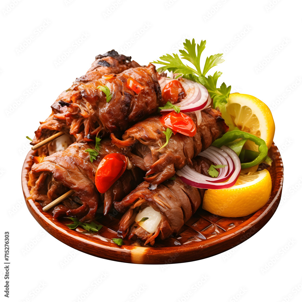 Assorted delicious grilled meat and bratwurst with Lemon over the on a barbecue on png background.