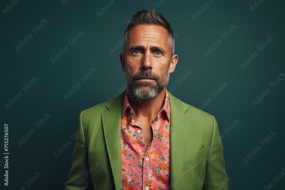 Handsome bearded man in green jacket and colorful shirt. Studio shot. Handsome bearded man in green jacket and colorful shirt. Studio shot.