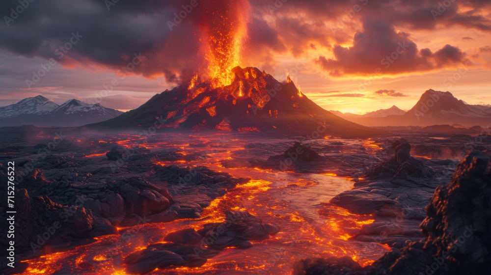Volcanic Eruption at Dusk with Flowing Lava.