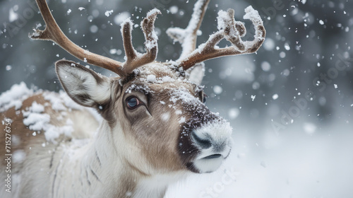 Closeup of a playful reindeer its head tilted back as it playfully nuzzles its furry face into a pile of freshly fallen snowflakes