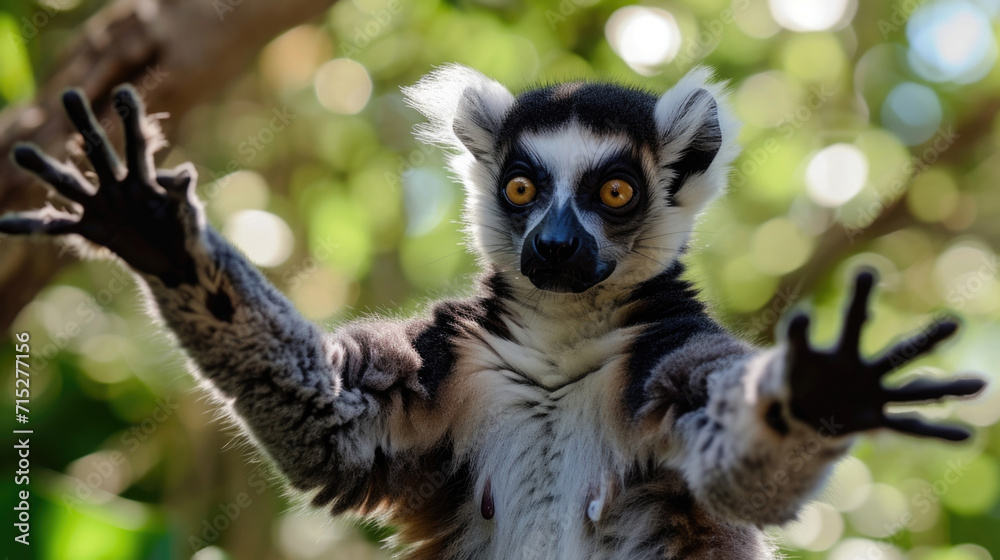 Naklejka premium Closeup of a lemur reaching out with its hands and feet using its incredible agility to move effortlessly through the treetops