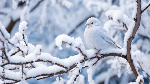White bird on snowy tree on winter day © Dament