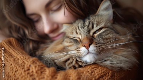 woman with cat, affectionate Maine Coon cat enjoying a cuddle session with its owner, demonstrating its loving and gentle demeanor