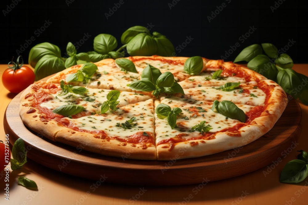 Classic Margherita Pizza with Fresh Basil Leaves, on an isolated Tomato Red background, Generative AI