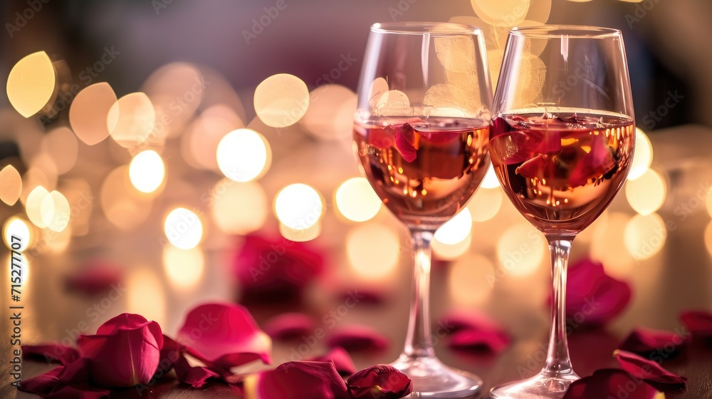 Romantic evening set with wine glasses and rose petals, bokeh illuminating the scene, Ai Generated. Romantic evening set with wine glasses and rose petals, bokeh illuminating the scene, Ai Generated.