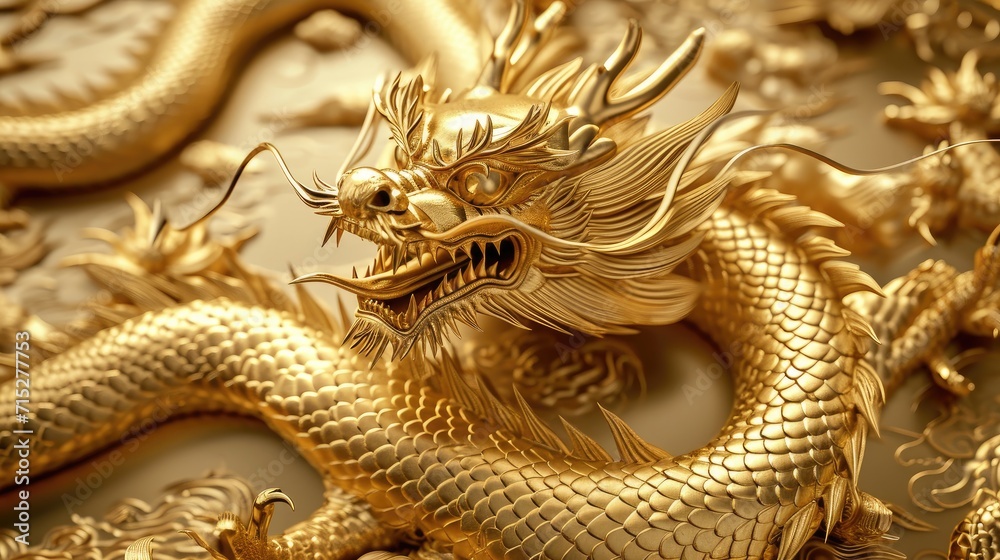 Golden Chinese Dragon, Wood Dragon New Year with majestic grace, Ai Generated. Golden Chinese Dragon, Wood Dragon New Year with majestic grace, Ai Generated.
