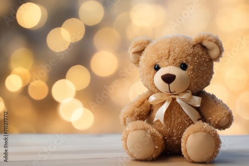 Toy teddy bear sits serenely, a front view against a dreamy bokeh background, Ai Generated.