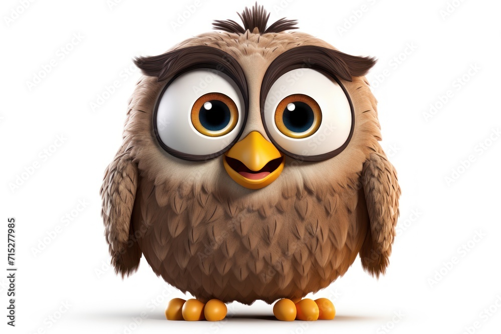 a brown and white owl with big eyes and a big smile on its face, sitting on a white surface. a brown and white owl with big eyes and a big smile on its face, sitting on a white surface.