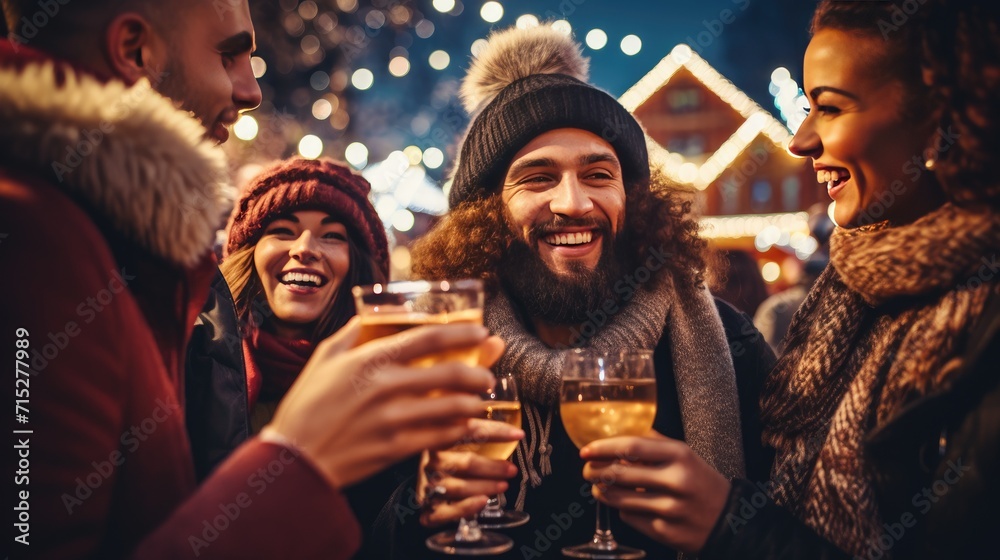 Friends unite, savoring the warmth of mulled wine at a lively party, Ai Generated. Friends unite, savoring the warmth of mulled wine at a lively party, Ai Generated.