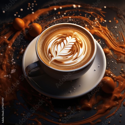 The image shows a cup of cappuccino on a saucer with coffee beans, Ai Generated