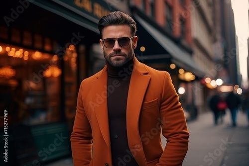 Portrait of a handsome young man in an orange coat and sunglasses.