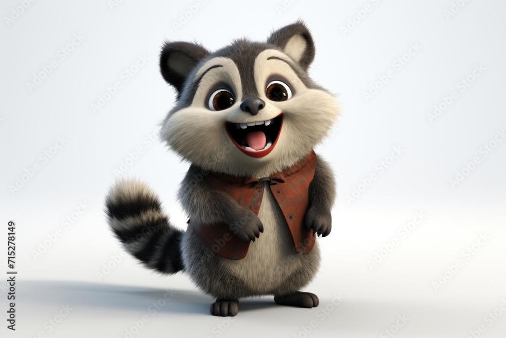  a cartoon racoon is smiling and holding a piece of paper in his hand while standing on one leg.