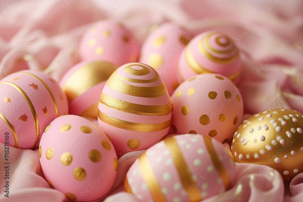 Pink and gold Easter eggs, striped and polka-dotted, create a festive pile, Ai Generated