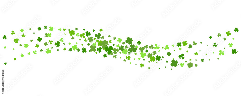 St. Patrick Day shamrock clover background. Wavy vector border with flying green leaves for posters banners and greeting cards. - obrazy, fototapety, plakaty 