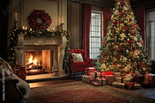 A festive living room with a stunningly adorned Christmas tree near the hearth, presents, and stockings. Generative AI