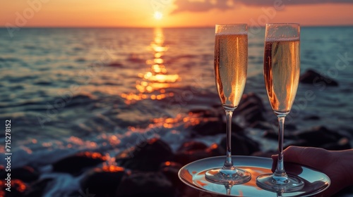 Two champagne glasses on a tray on the beach at sunset, Ai Generated