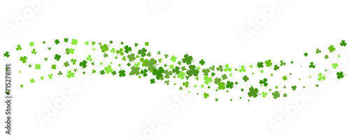 St. Patrick Day shamrock clover background. Wavy vector border with flying green leaves for posters banners and greeting cards.