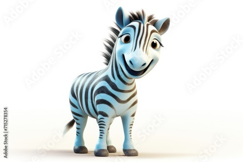  a blue and black zebra standing on a white surface and looking at the camera with a surprised look on its face.