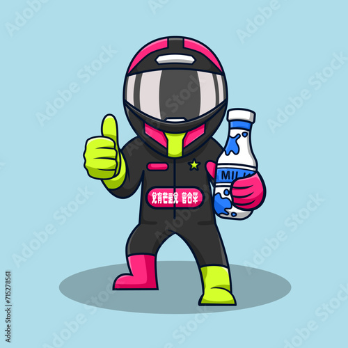 Cute cartoon racer boy wearing helmet and suit vector illustration