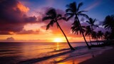Gorgeous, vivid sunset at a tropical sea beach, outlined by coconut tree silhouettes, Ai Generated.
