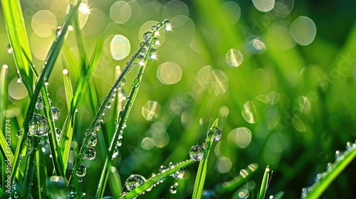Lovely morning dew drops glistening on the grass, Ai Generated.