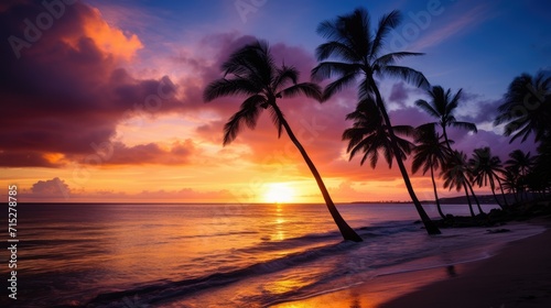 Gorgeous, vivid sunset at a tropical sea beach, outlined by coconut tree silhouettes, Ai Generated. © Crazy Juke
