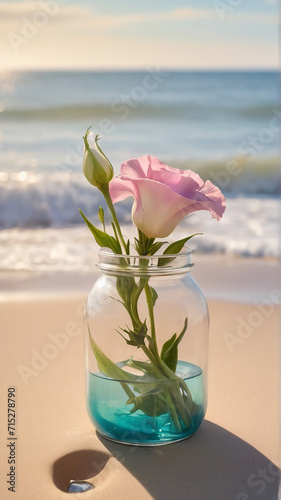 A Captivating Lisianthus Flower Jar Amidst Beach Serenity AI GENERATED